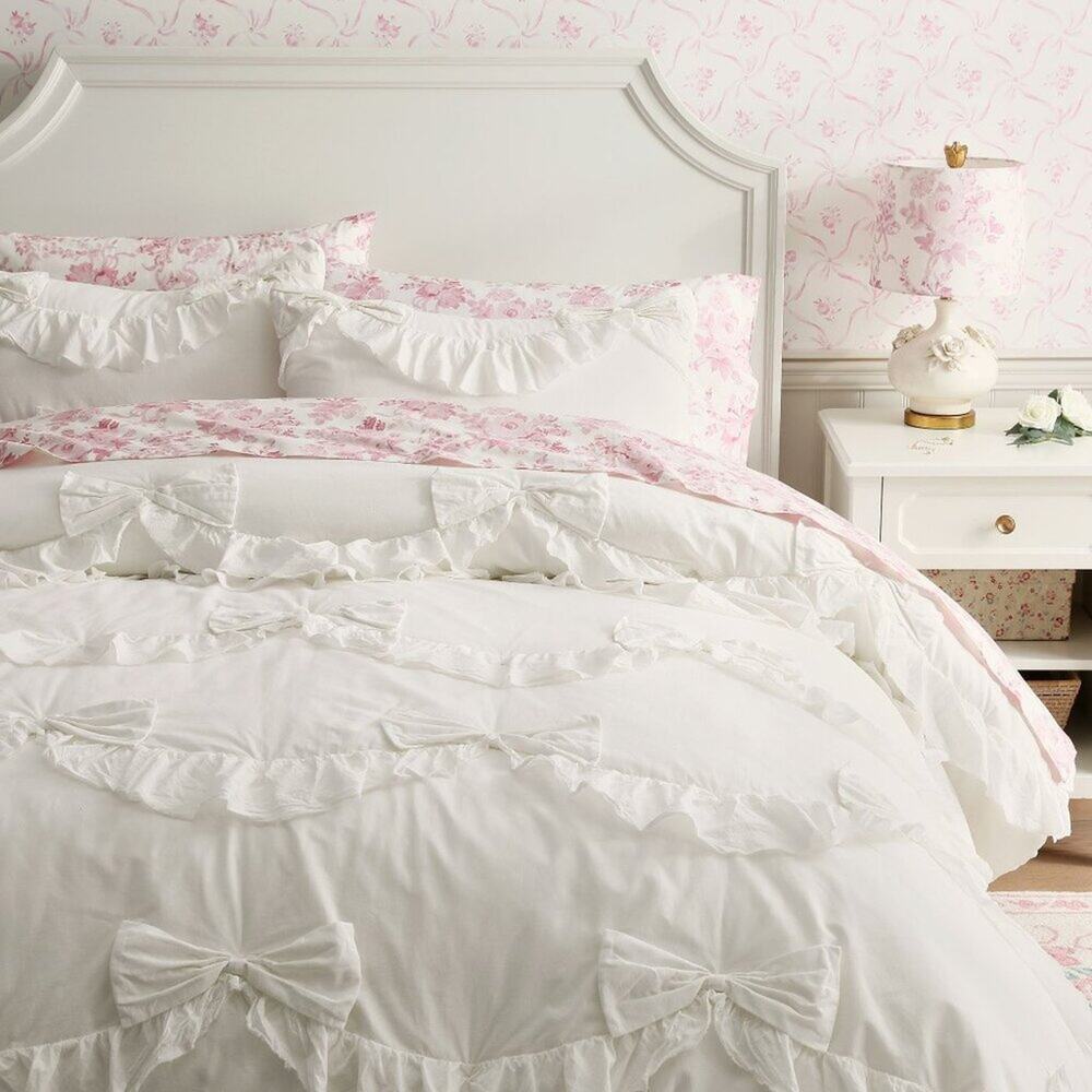 LoveShackFancy Ruffle Bow Quilt Ivory Full Queen Bedding Cotton NEW